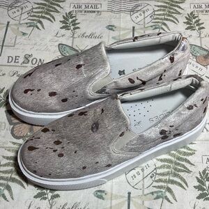 J/Slides NYC Womens Silver Calf Hair Paint Splatter Slip On Platform Sneakers 9M